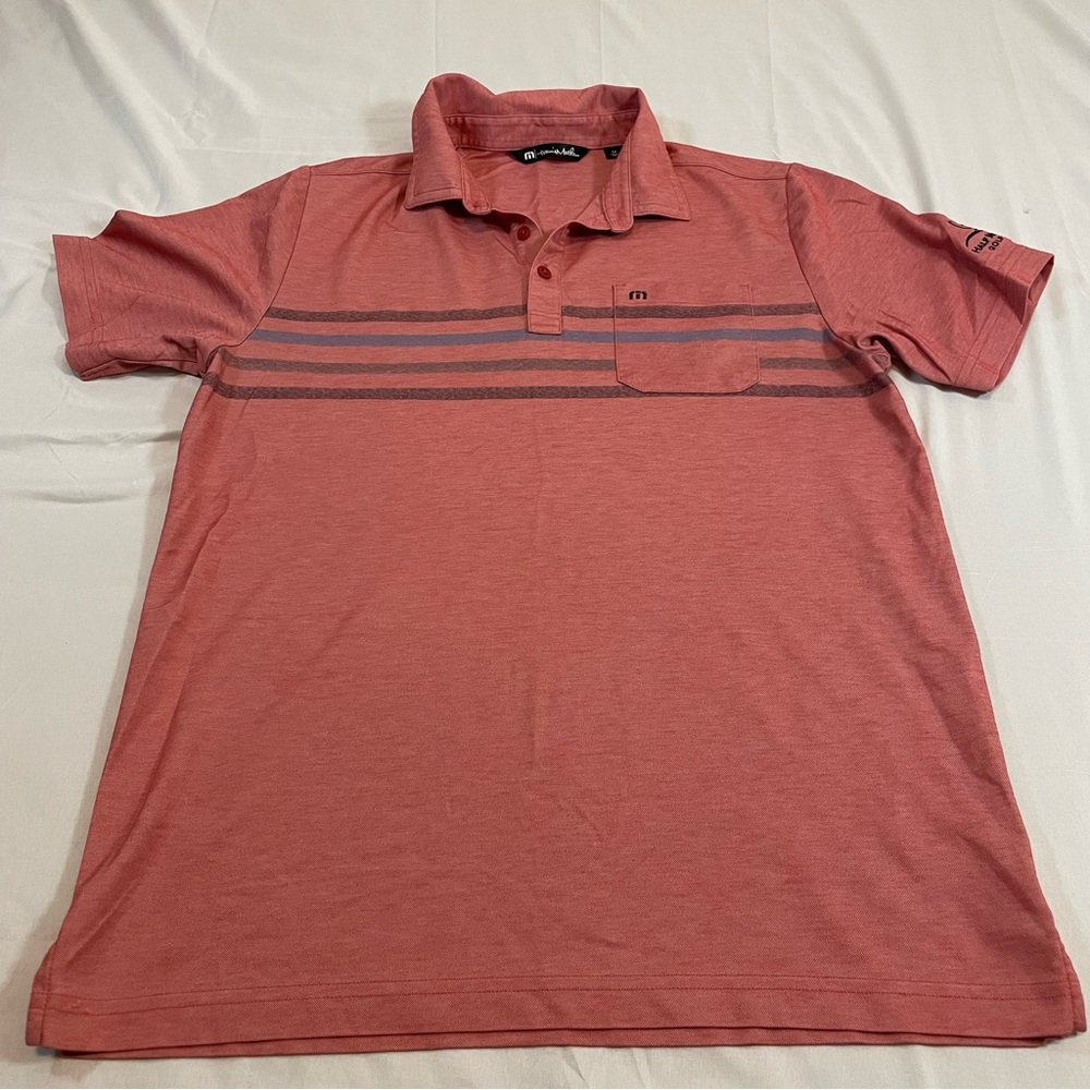 Travis Mathew Mens Polo Shirt Medium Red Striped Half Moon Bay Golf Links‎ Pima